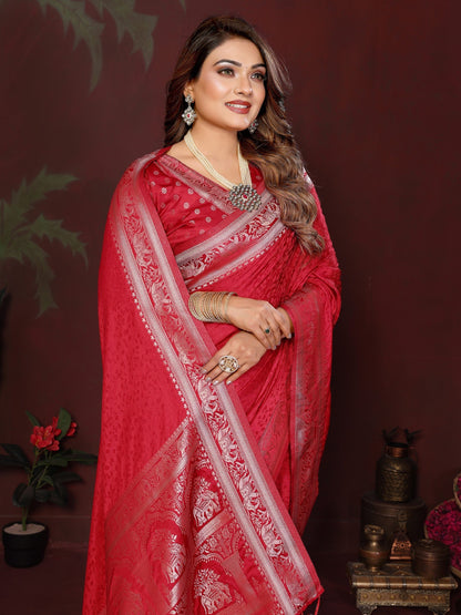 Anaita Red Zari Weaving Work Satin Silk Saree With Blouse