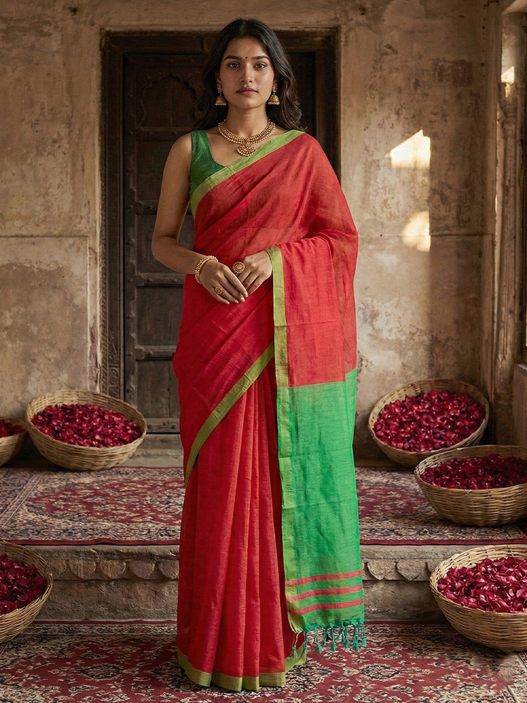 Anaita Red Cotton Printed Saree With Blouse