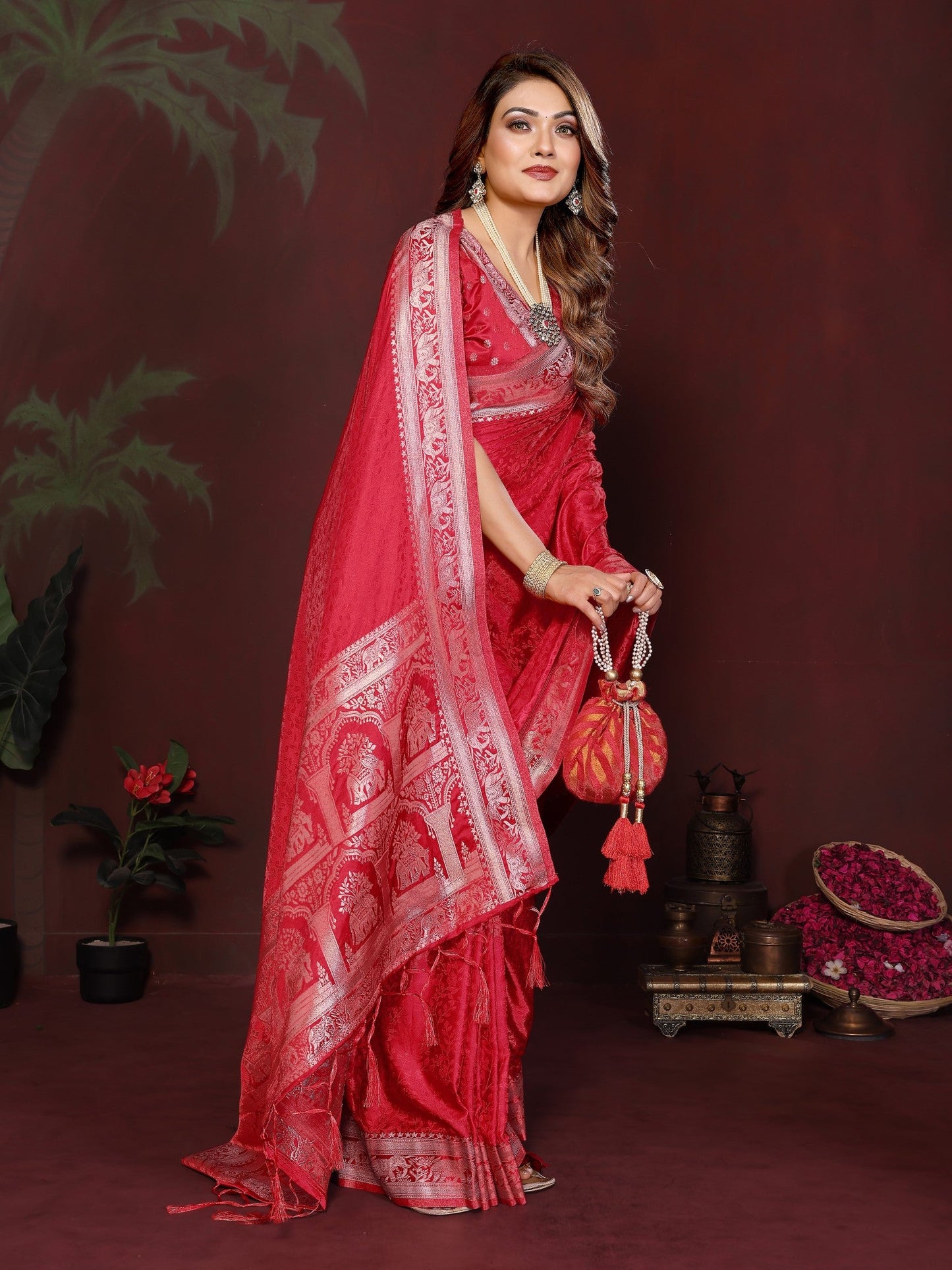 Anaita Red Zari Weaving Work Satin Silk Saree With Blouse