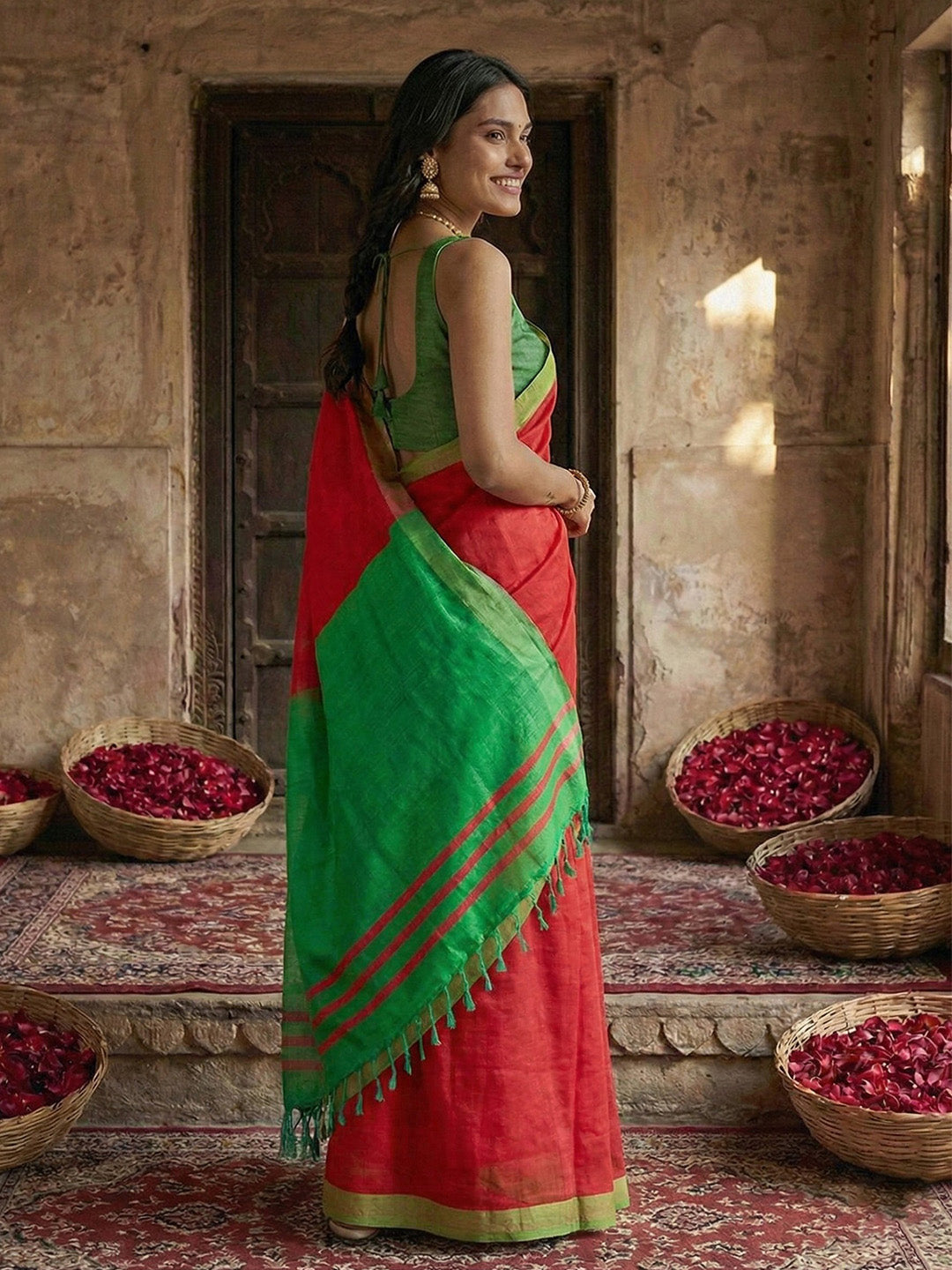 Anaita Red Cotton Printed Saree With Blouse