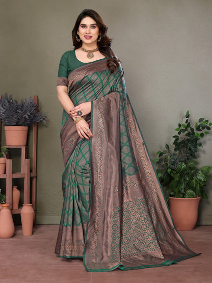 Vedant Vastram Litchi Silk Banarasi Silk Saree - Bottle Green