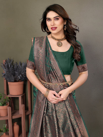Vedant Vastram Litchi Silk Banarasi Silk Saree - Bottle Green