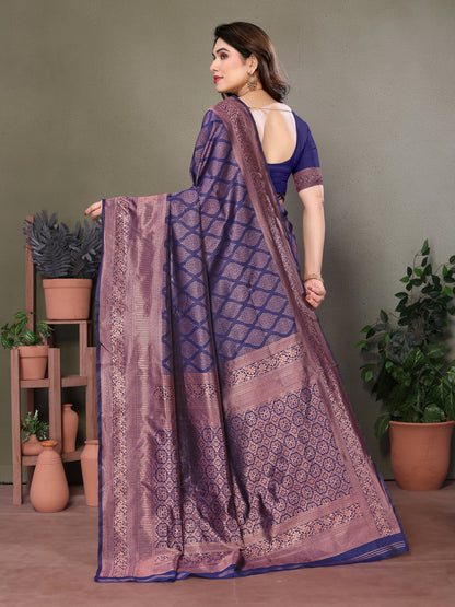 Vedant Vastram Litchi Silk Banarasi Silk Saree - Navy