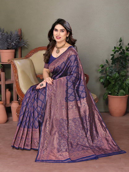 Vedant Vastram Litchi Silk Banarasi Silk Saree - Navy