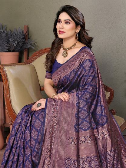 Vedant Vastram Litchi Silk Banarasi Silk Saree - Navy