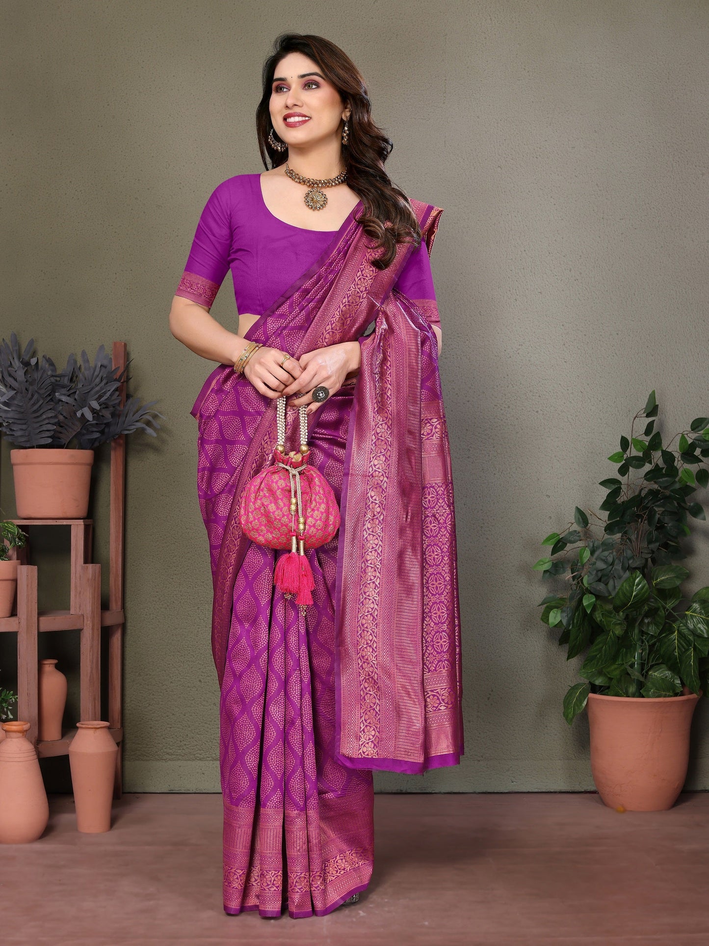 Vedant Vastram Litchi Silk Banarasi Silk Saree - Purple