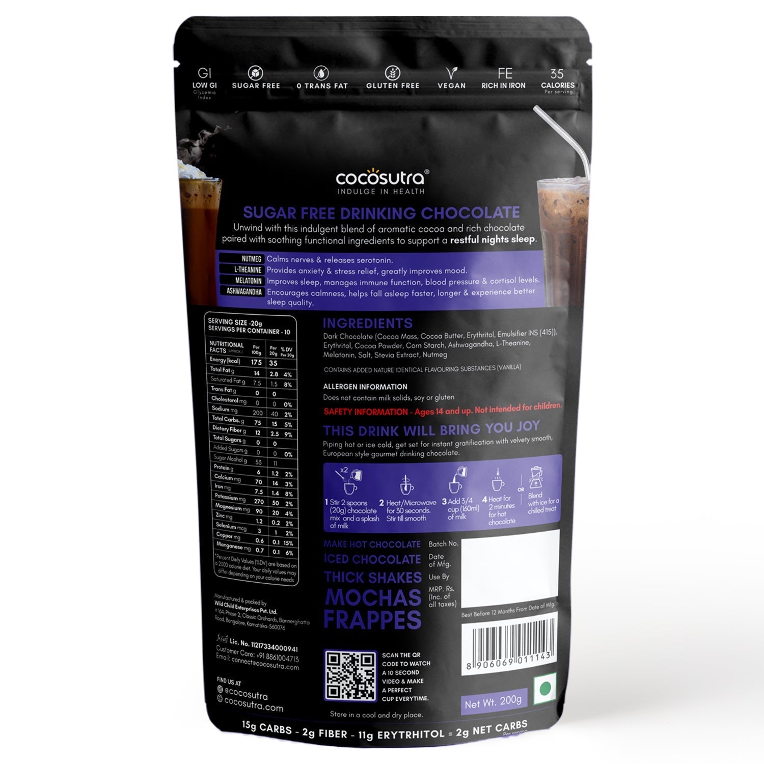 Cocosutra Relax Sugar Free Drinking Chocolate Mix Melatonin Supplement - 200 gms