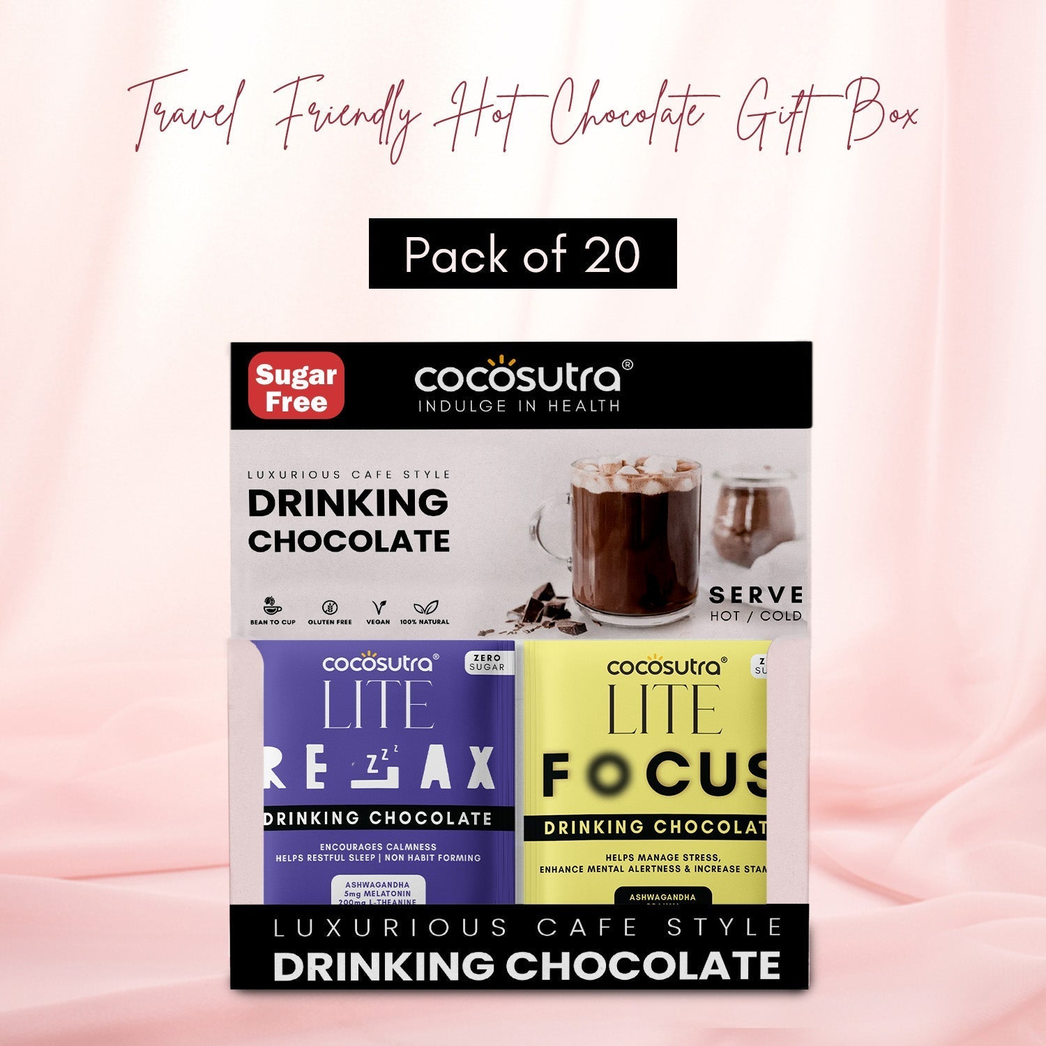Cocosutra Relax & Focus Sugar Free Drinking Chocolate Hamper 20 Pack - 400 gms
