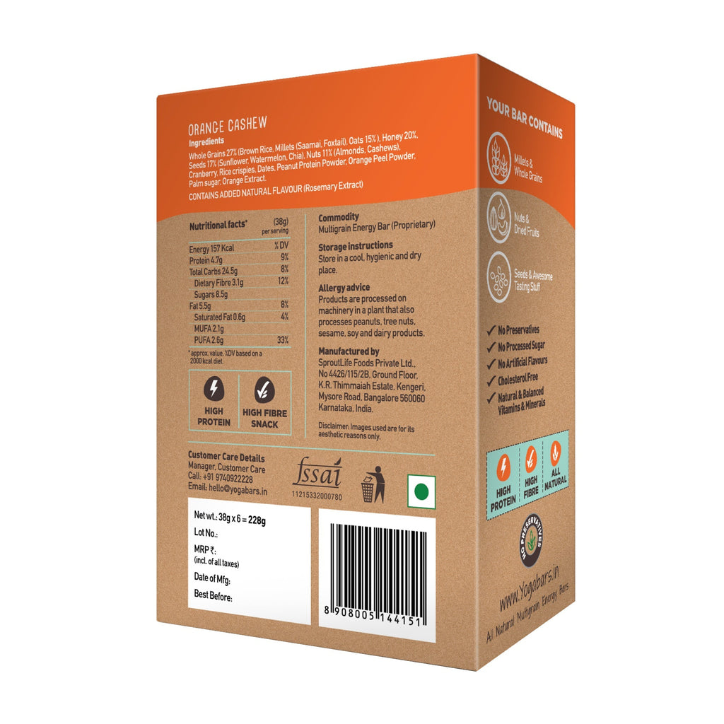 Yogabar Cashew Orange Energy Bar - 228 gms
