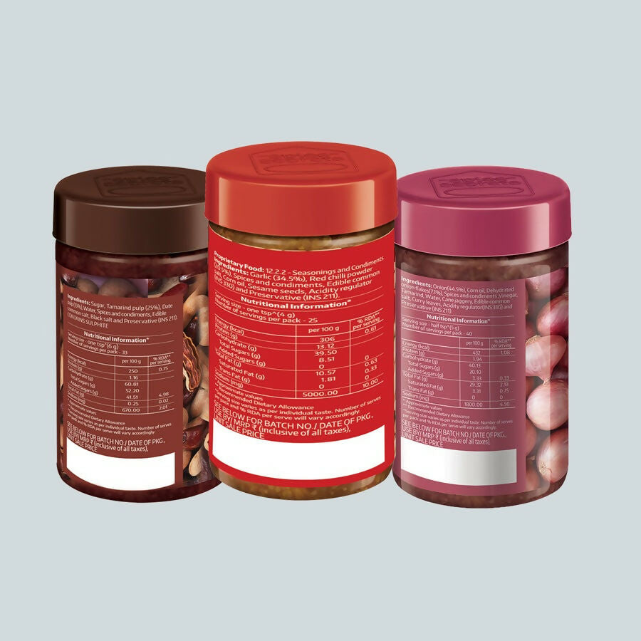 Society Onion Chutney & Dry Garlic Chutney & Tamarind Date Chutney Combo