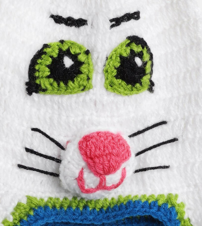 Chutput Kids Woollen Hand Knitted Cat Detail Cap - White