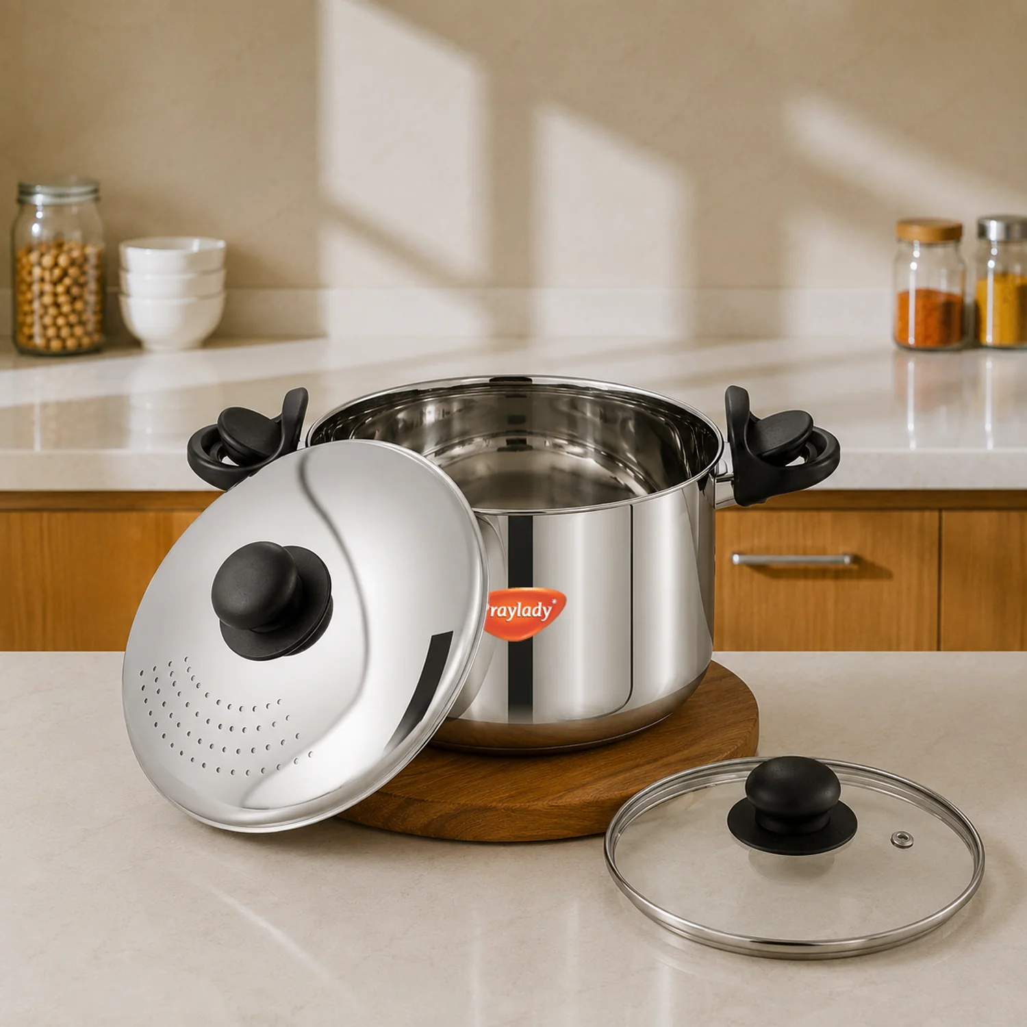 PrayLady Triplus Pro Mini Multi Kadai 21cm Idli Pot Dhokla Momo Steamer 10 Idlis 2 Idli Plates 1 Dhokla Plate 1 Steamer Plate