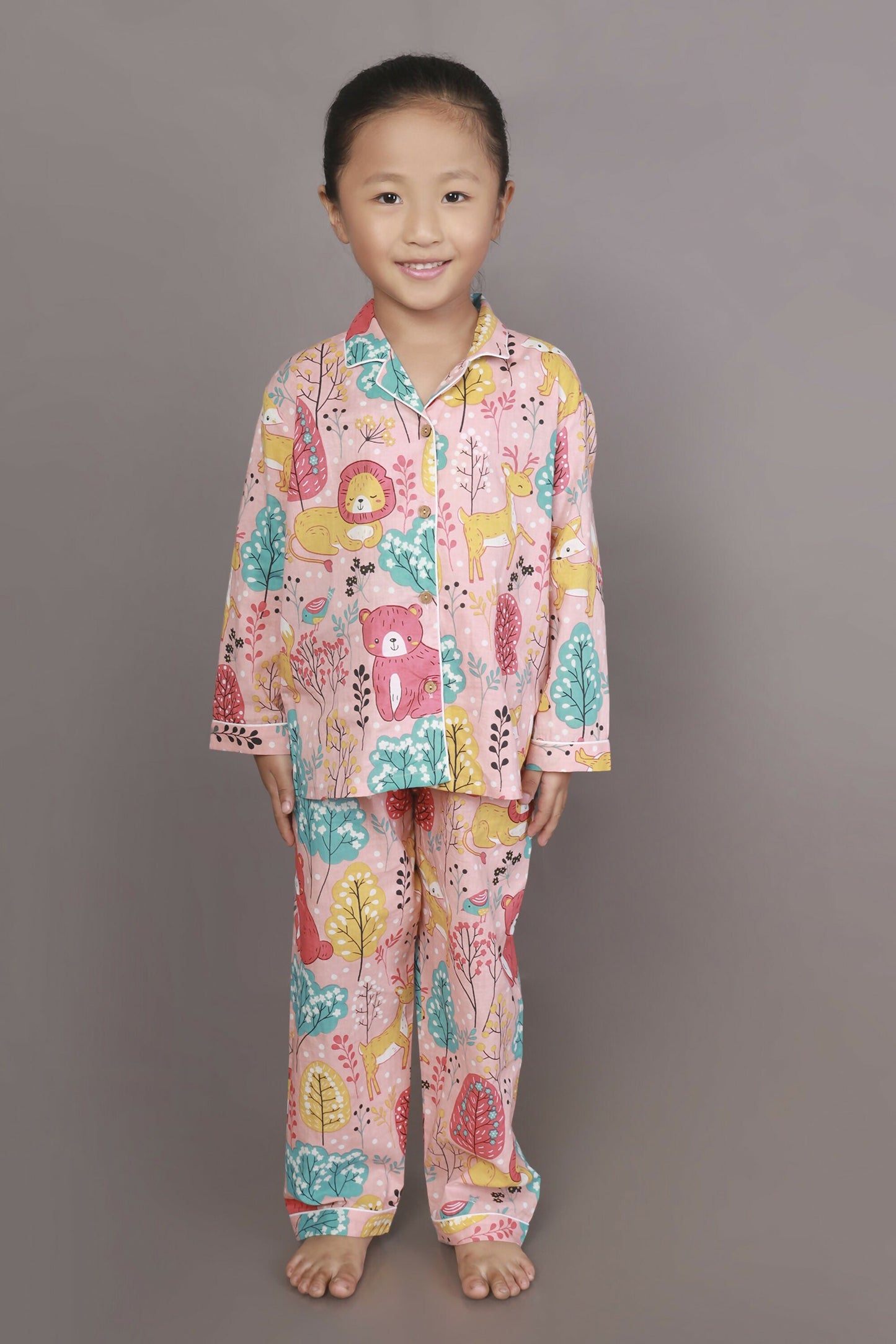 Breathables Kids Cotton Night Suit – Peach Lion & Teddy Shirt & Pyjama Co-Ord Set For Boys & Girls