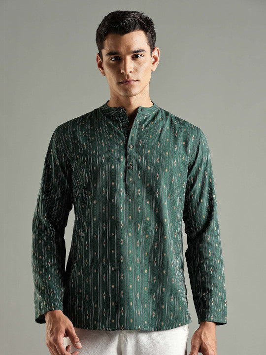 Anouk Striped Thread Work Kurta Green