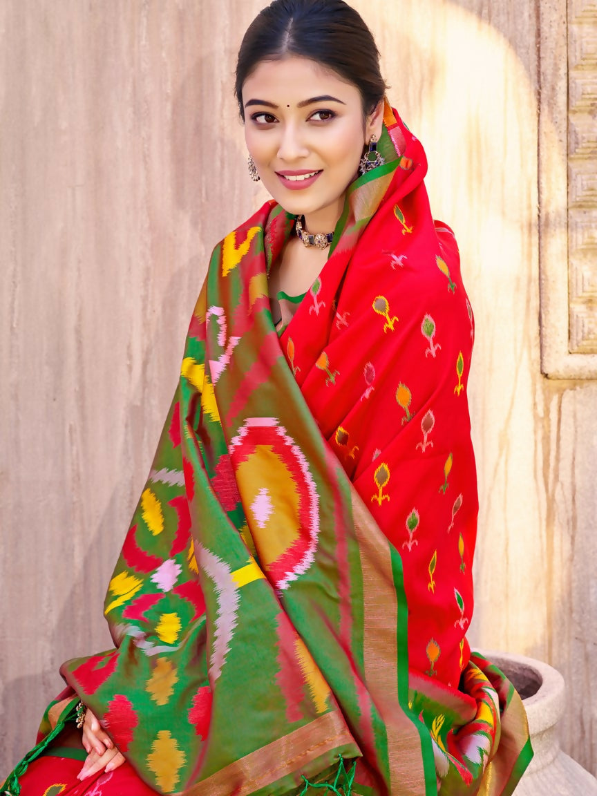 Anaita Red Silk Saree With Blouse Piece
