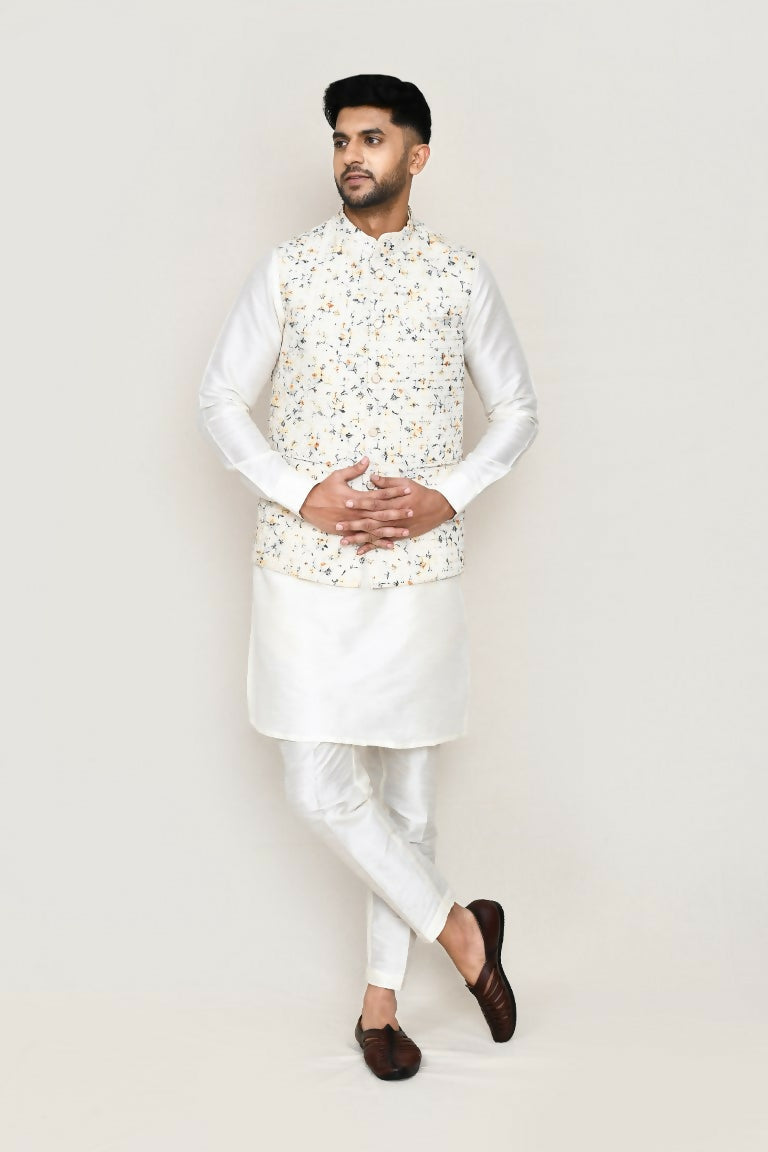 Joban Fashion White Colored Art Silk Fabric Kurta, Jacket With Straight Fit Pant