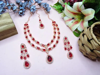 Jewel City Teardrop Bridal Necklace Set with Earrings & Maang Tikka - Ethnic Wedding Jewelry for Brides & Parties