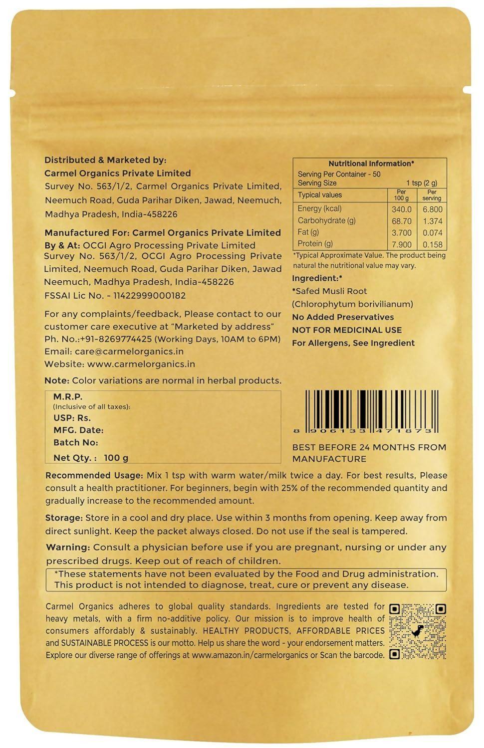 Carmel Organics Safed Musli Root Powder