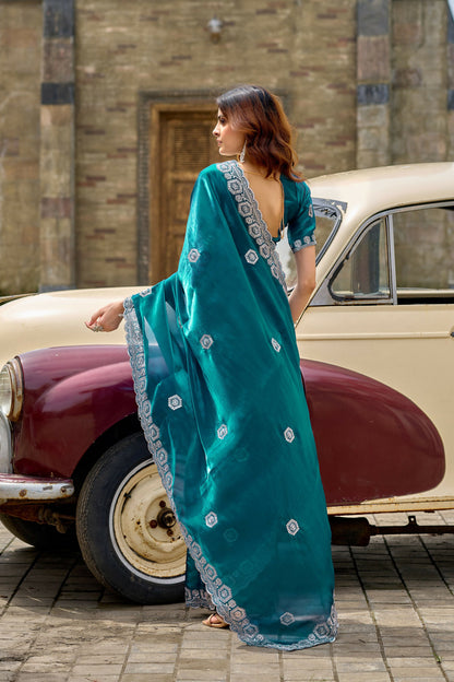 Vastranavya Rama Embroidery Work Shimmer Chiffon Saree with Unstitched Blouse