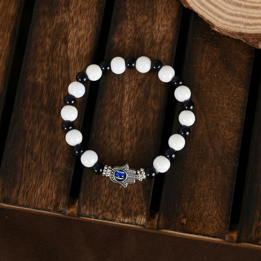 NVR Women & Men Black & White Evil Eye Elasticated Rakhi With Roli Chawal