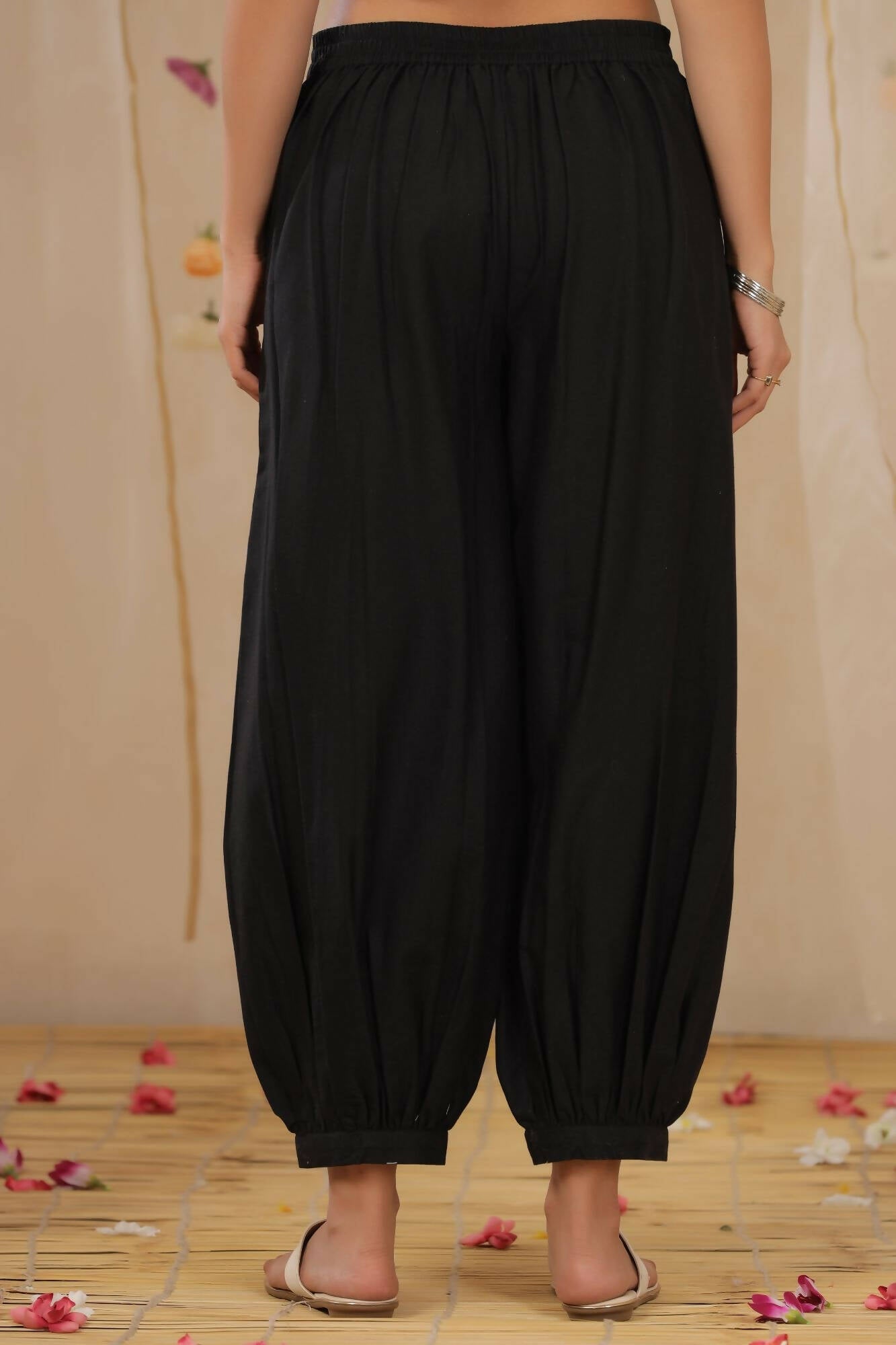 Juniper Women Black Cotton Flex Solid Stylized Dhoti Pant