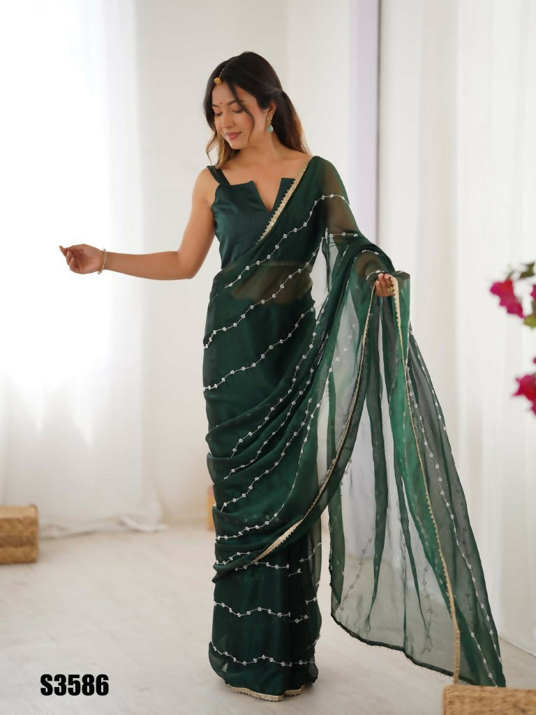 Green Sitara Chiffon Designer Beads Moti,Val Sequence Work Saree - Noorie