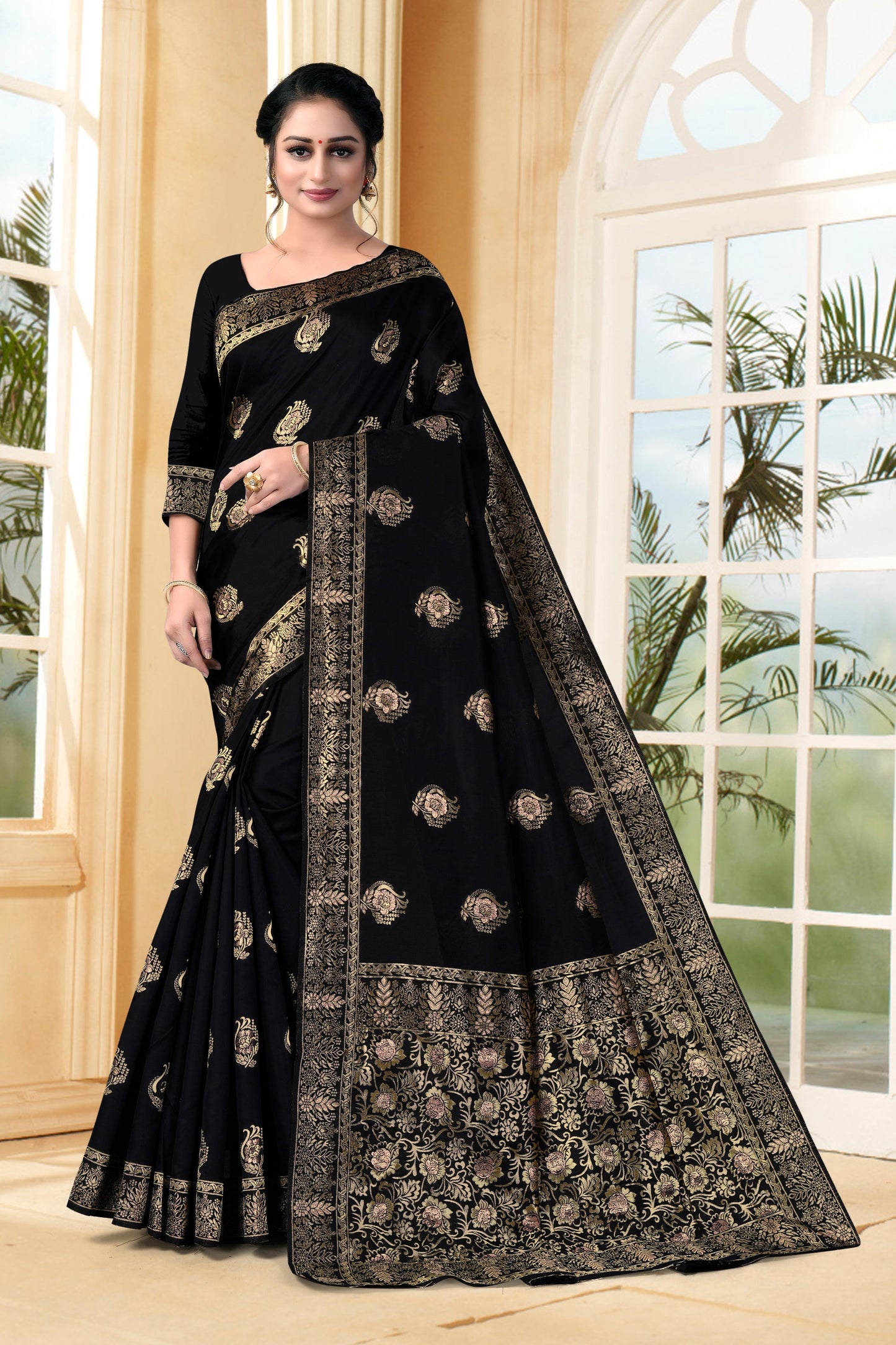 Vedant Vastram Litchi Silk Designer Banarasi Saree - Black
