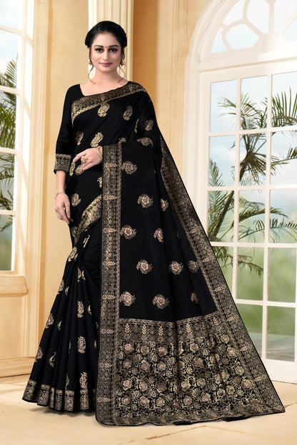 Vedant Vastram Litchi Silk Designer Banarasi Saree - Black