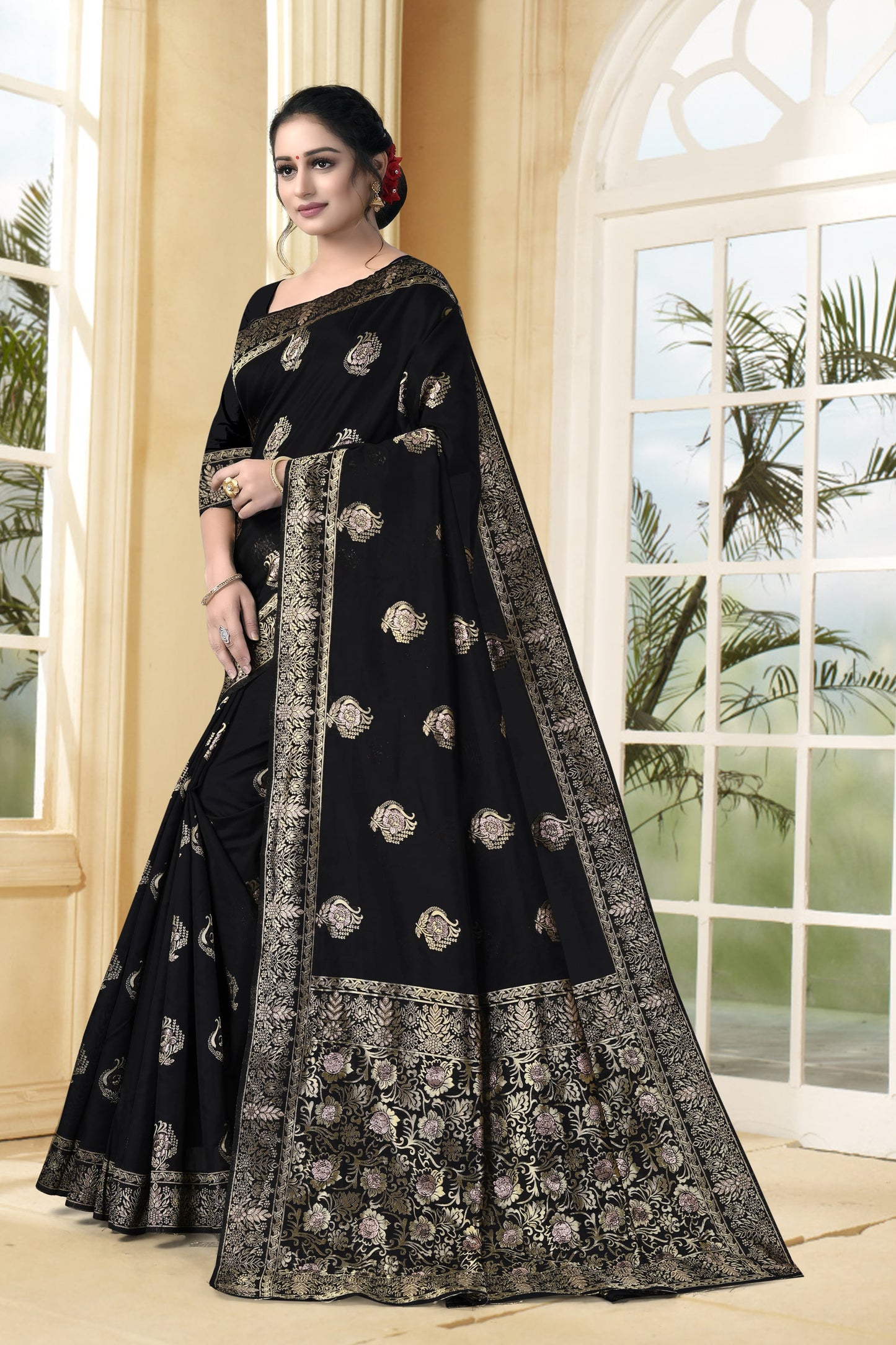 Vedant Vastram Litchi Silk Designer Banarasi Saree - Black