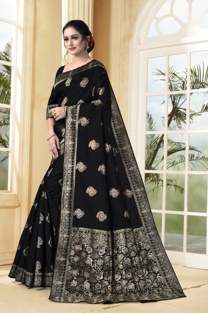 Vedant Vastram Litchi Silk Designer Banarasi Saree - Black