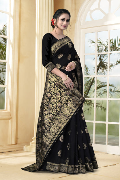 Vedant Vastram Litchi Silk Designer Banarasi Saree - Black