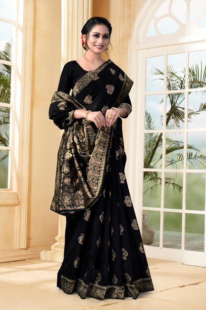 Vedant Vastram Litchi Silk Designer Banarasi Saree - Black
