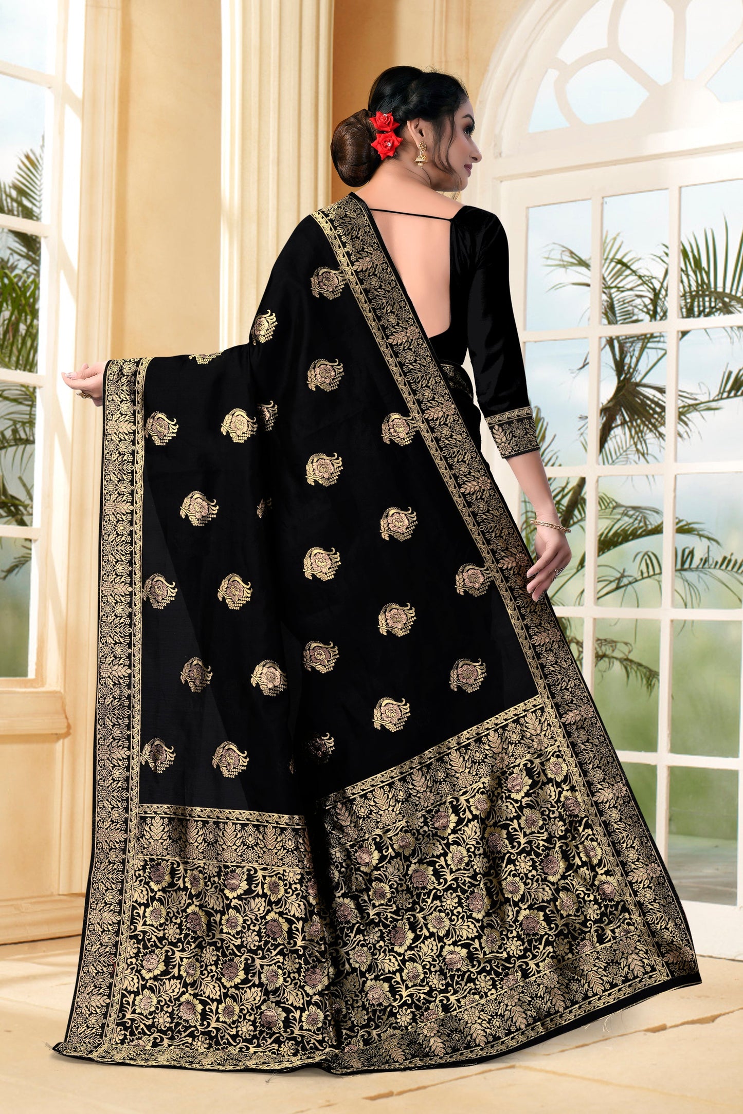 Vedant Vastram Litchi Silk Designer Banarasi Saree - Black