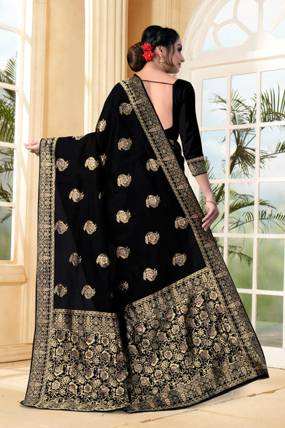 Vedant Vastram Litchi Silk Designer Banarasi Saree - Black