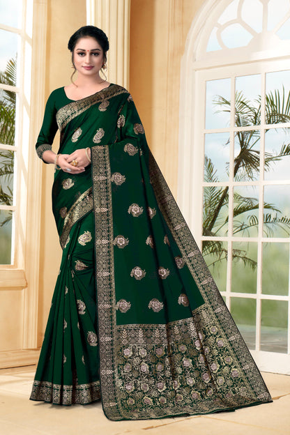 Vedant Vastram Litchi Silk Designer Banarasi Saree - Bottle Green