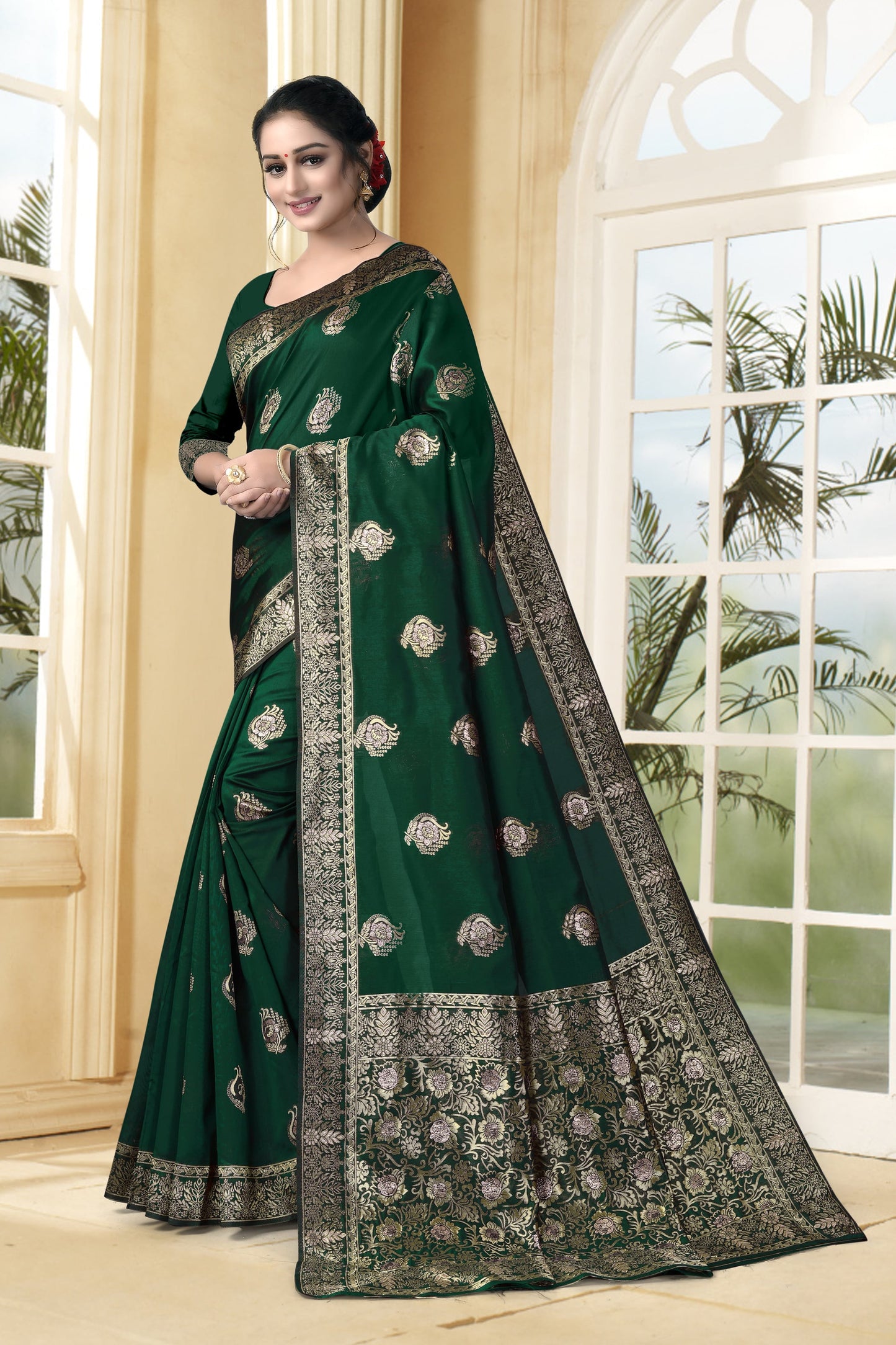 Vedant Vastram Litchi Silk Designer Banarasi Saree - Bottle Green