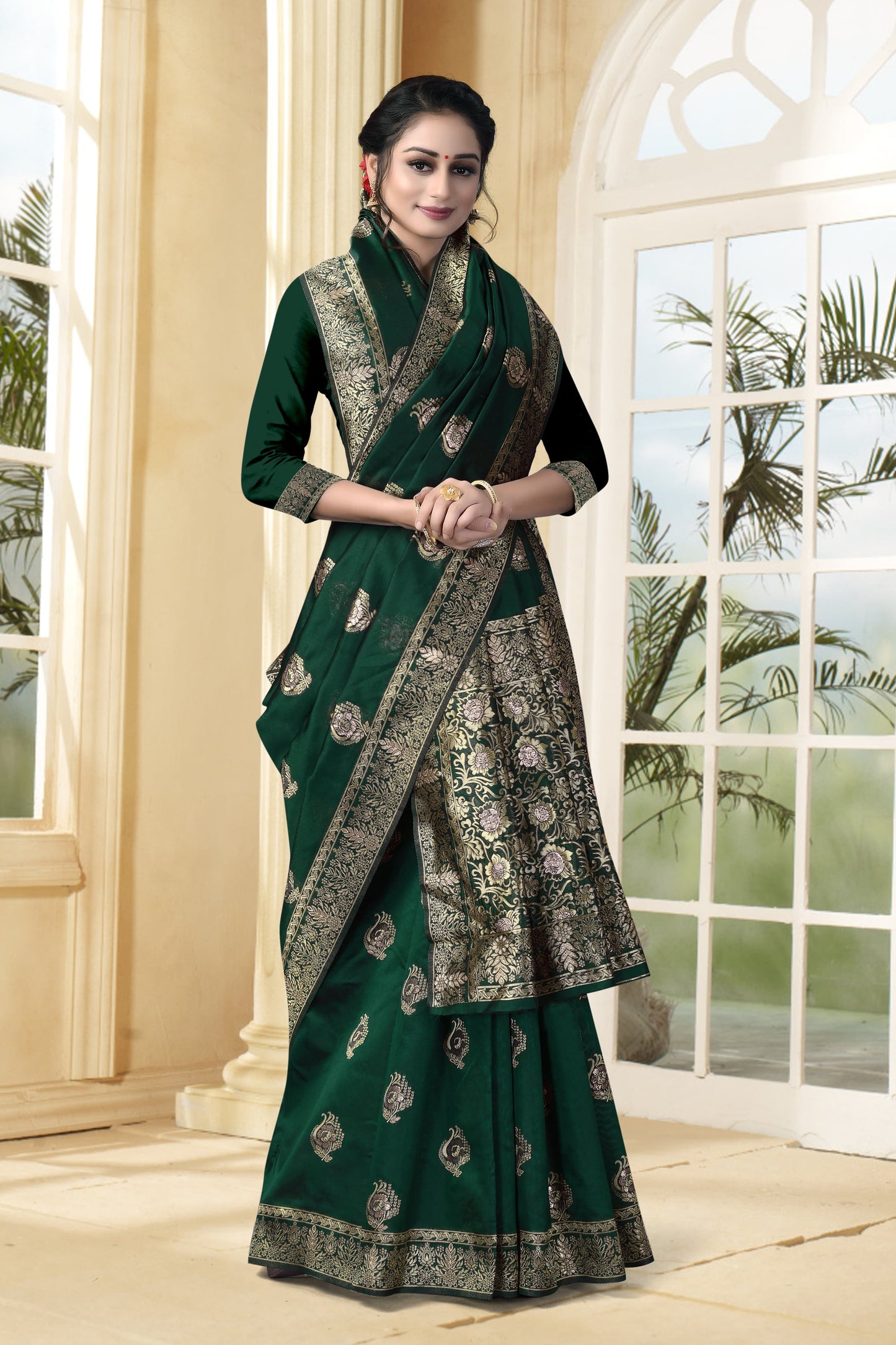 Vedant Vastram Litchi Silk Designer Banarasi Saree - Bottle Green
