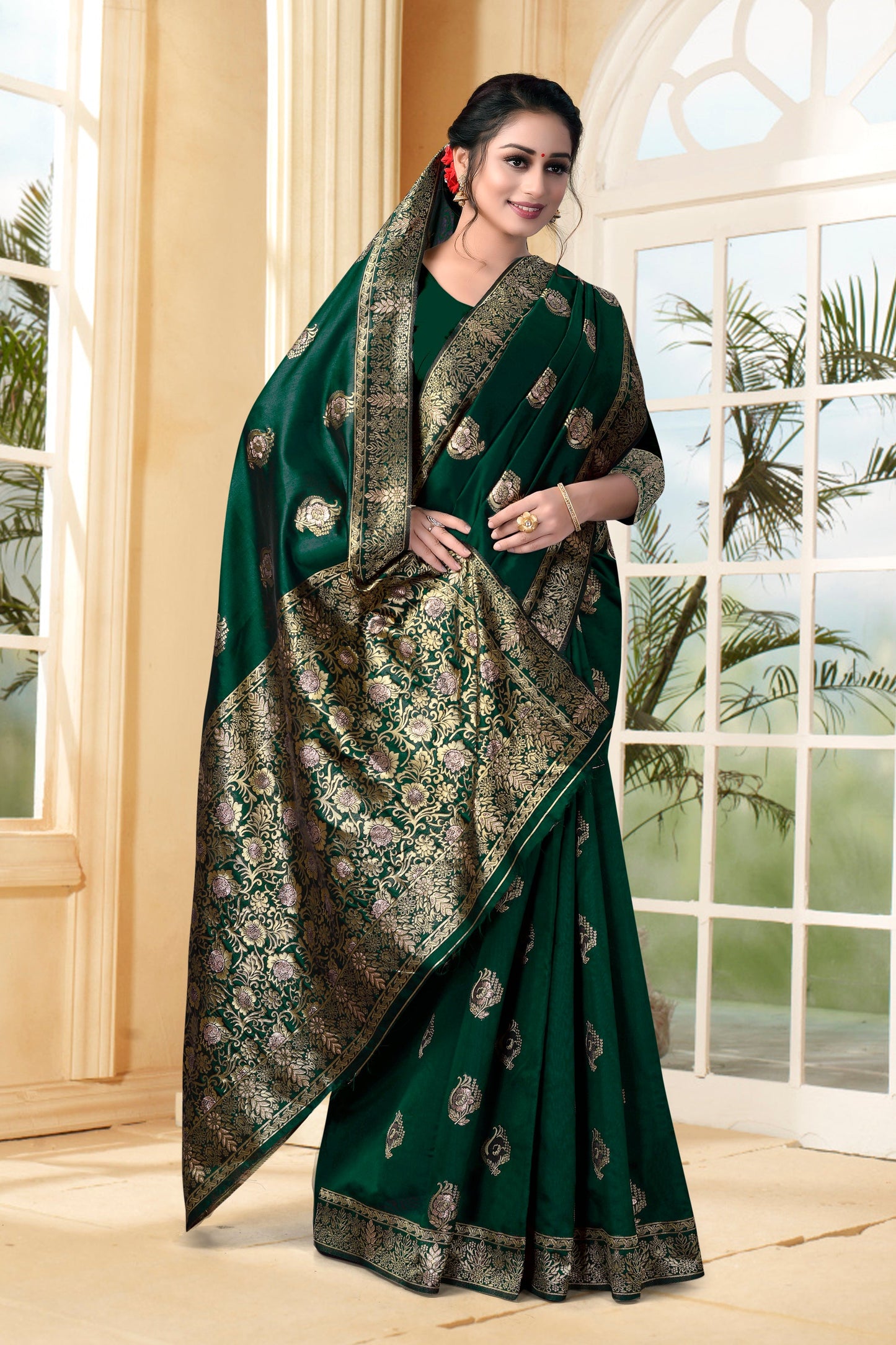 Vedant Vastram Litchi Silk Designer Banarasi Saree - Bottle Green