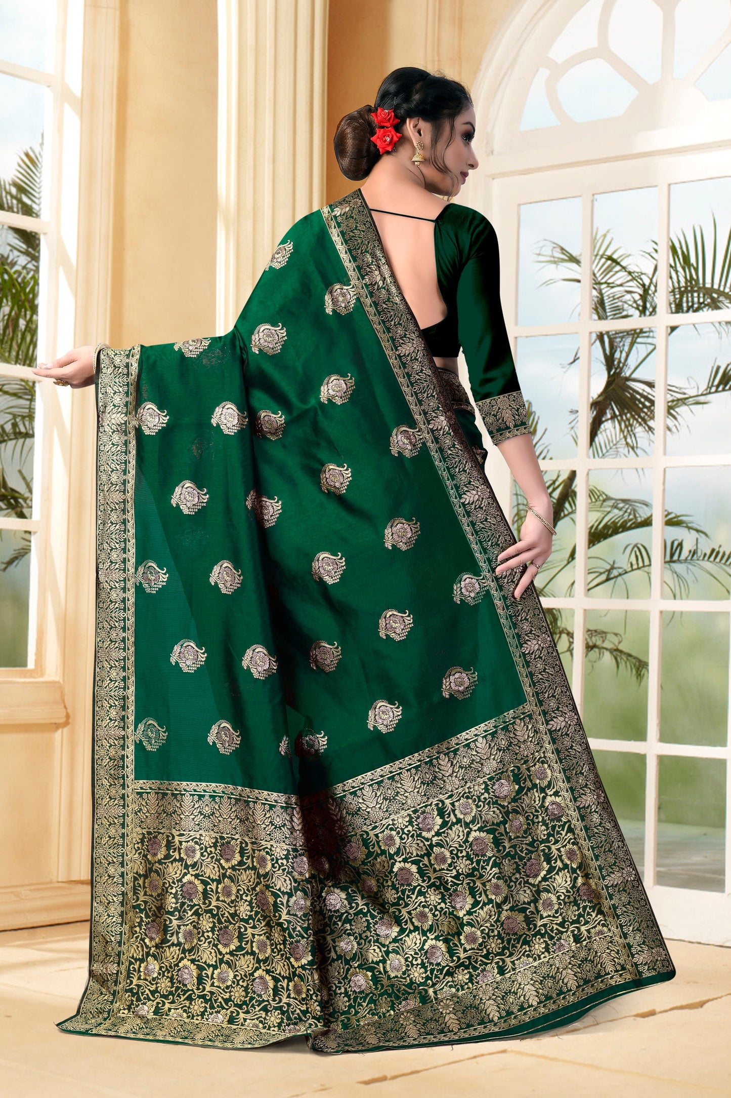 Vedant Vastram Litchi Silk Designer Banarasi Saree - Bottle Green