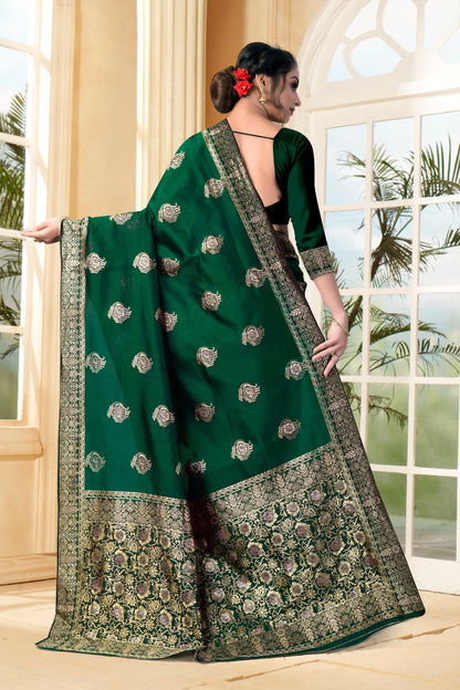 Vedant Vastram Litchi Silk Designer Banarasi Saree - Bottle Green