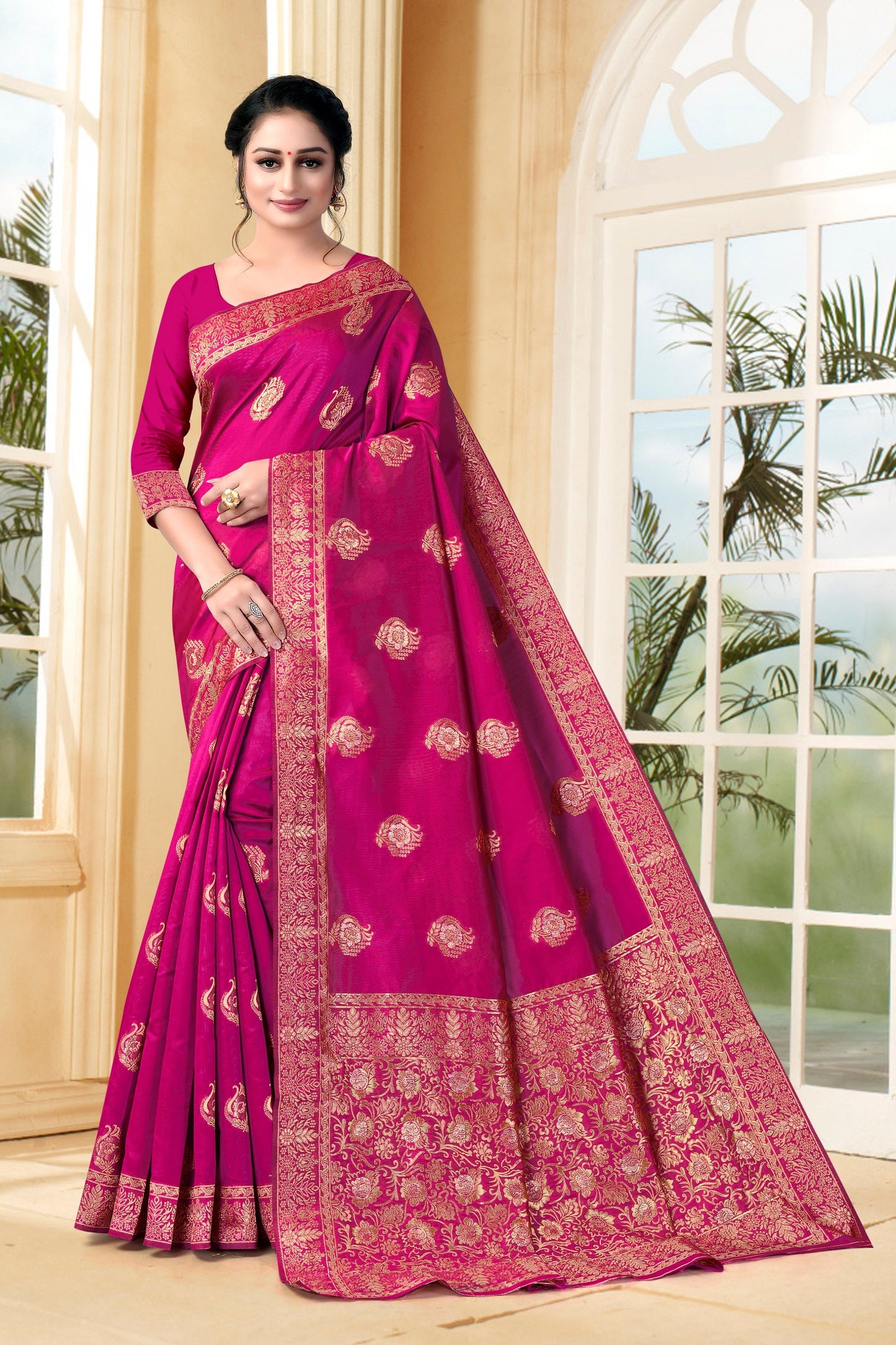 Vedant Vastram Litchi Silk Designer Banarasi Saree - Magenta