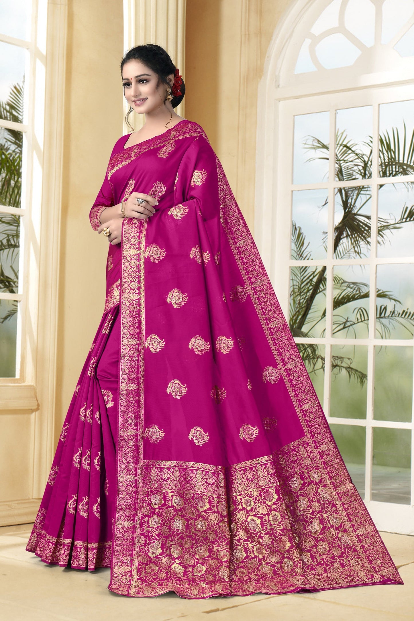 Vedant Vastram Litchi Silk Designer Banarasi Saree - Magenta