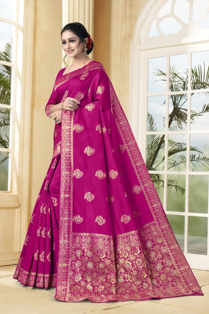 Vedant Vastram Litchi Silk Designer Banarasi Saree - Magenta
