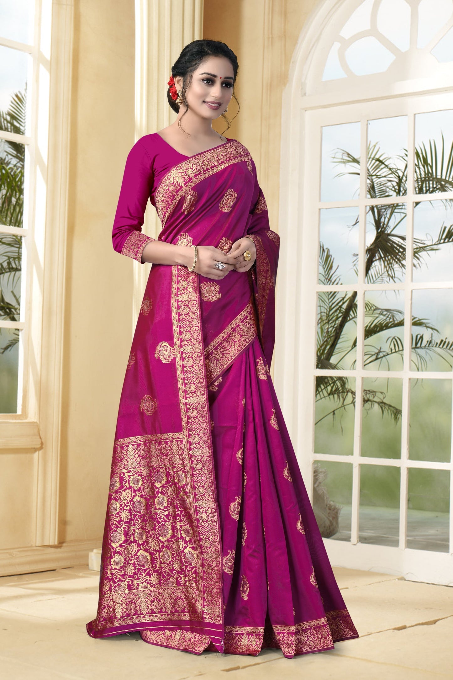 Vedant Vastram Litchi Silk Designer Banarasi Saree - Magenta