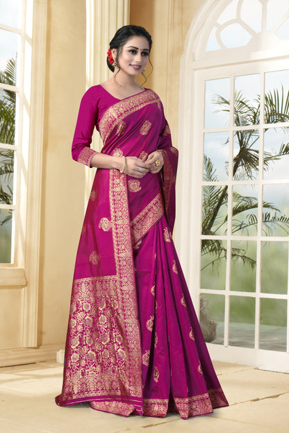 Vedant Vastram Litchi Silk Designer Banarasi Saree - Magenta
