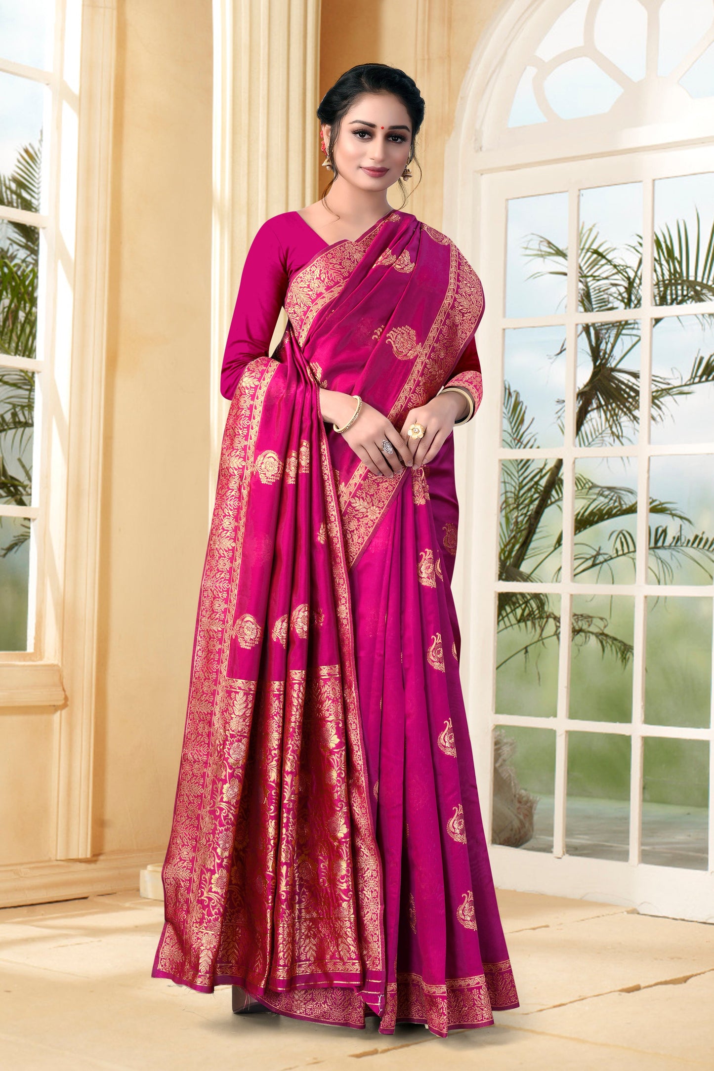 Vedant Vastram Litchi Silk Designer Banarasi Saree - Magenta