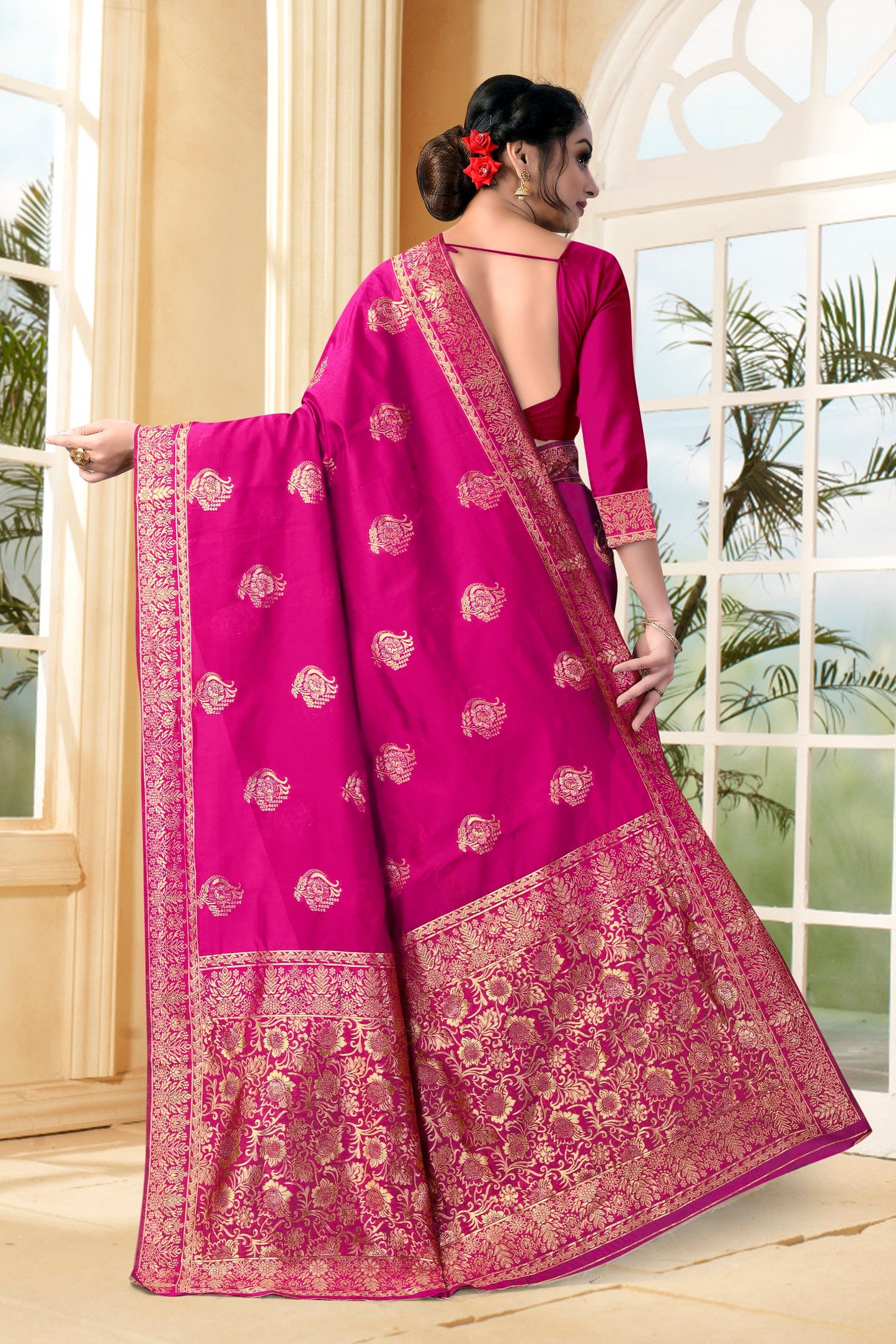 Vedant Vastram Litchi Silk Designer Banarasi Saree - Magenta