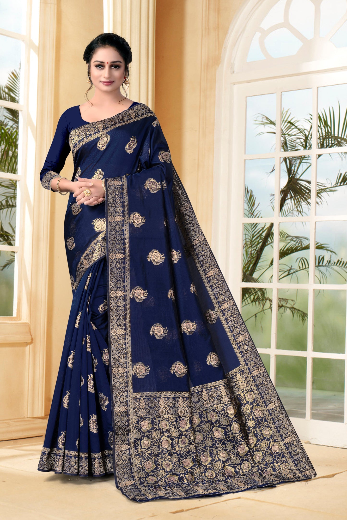 Vedant Vastram Litchi Silk Designer Banarasi Saree - Navy Blue