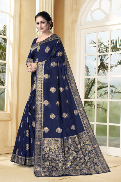 Vedant Vastram Litchi Silk Designer Banarasi Saree - Navy Blue
