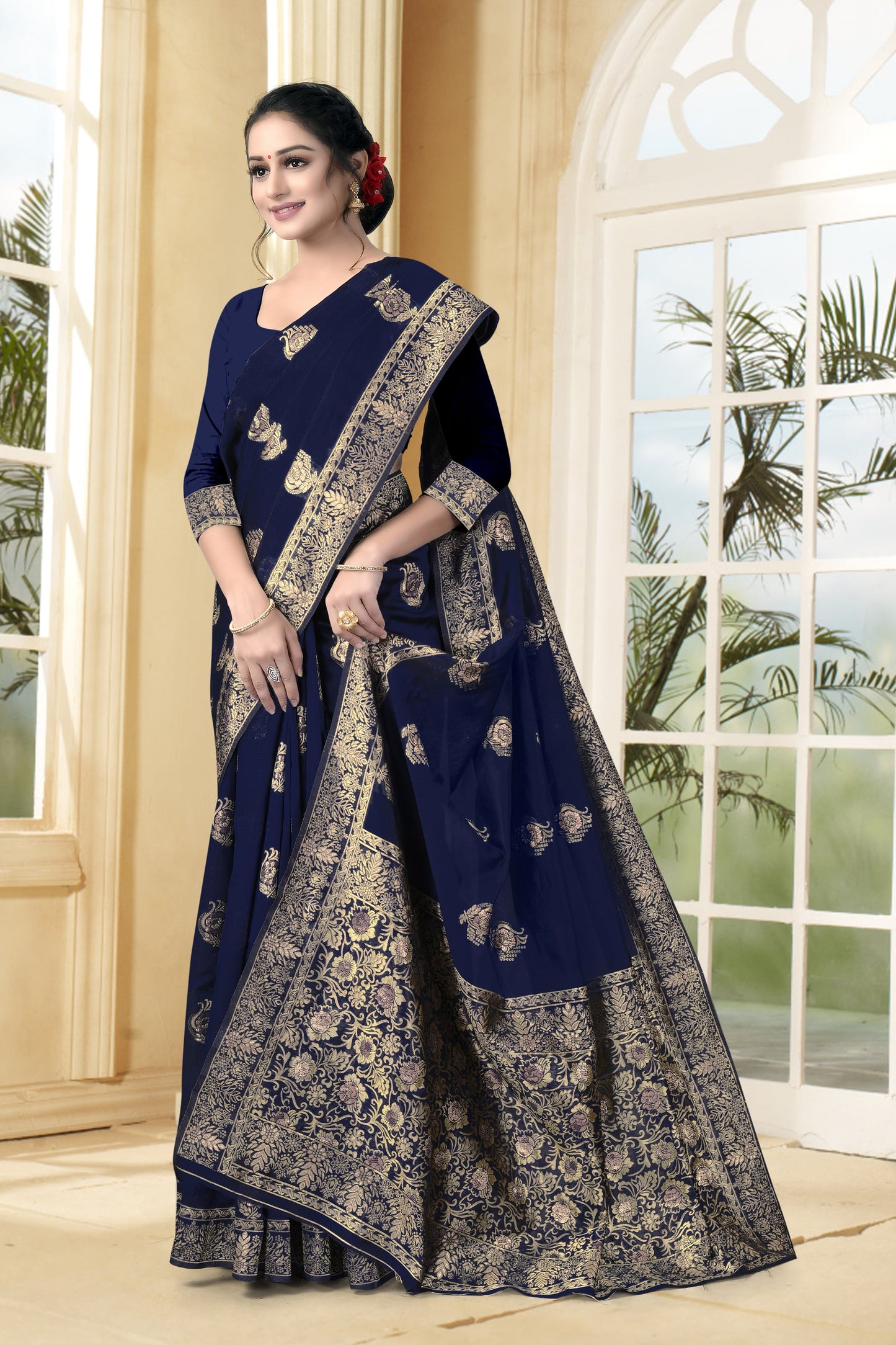 Vedant Vastram Litchi Silk Designer Banarasi Saree - Navy Blue